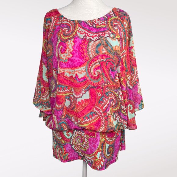 Coco Bianco Pink Paisley Sheer Batwing Blouse Lined Flowing Top Size Large - Picture 1 of 9